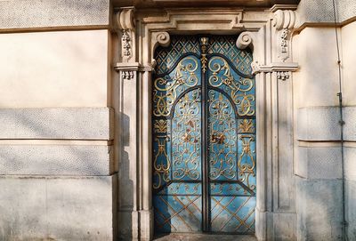 Closed door of building reflection leaves