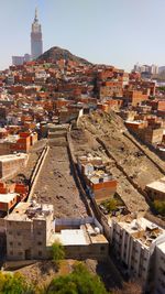 High angle view of buildings in city against sky