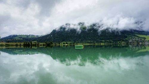 Scenic view of lake and mountains against sky