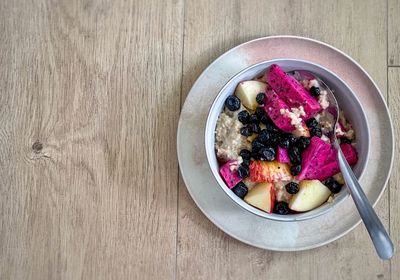 High angle view of food in bowl on table