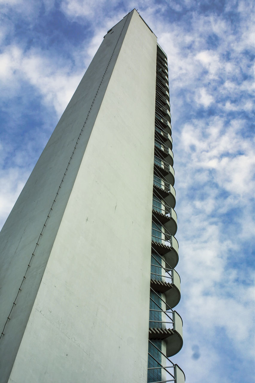 blue, architecture, skyscraper, built structure, sky, tower block, tower, cloud, low angle view, building exterior, landmark, no people, day, nature, city, building, facade, outdoors, line, office building exterior, office