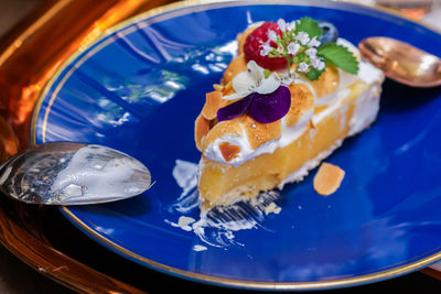 Close-up of dessert served on table