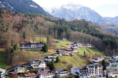 High angle view of townscape in mountainside, germany.