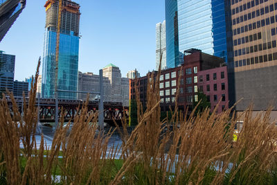 Modern buildings by river against sky in city