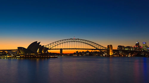 Scenic view of sydney harbor bridge against clear sky during sunset 