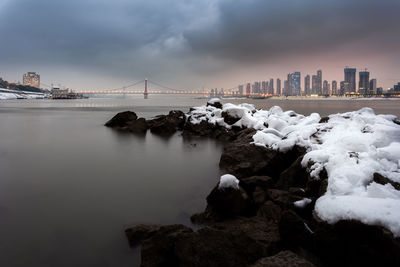 Snow on rocks amidst river against sky