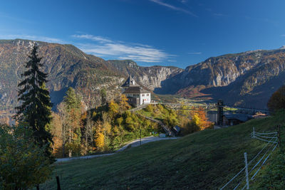 World heritage skywalk leading to the impressive viewing platform above village hallstatt, austria