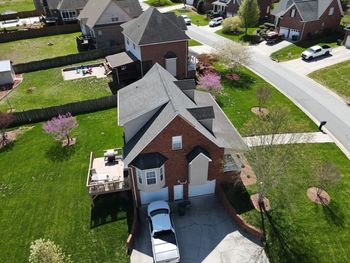 High angle view of brick cottage home