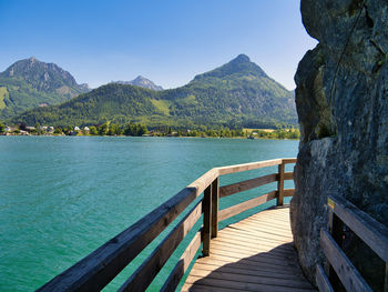 Scenic view of lake and mountains against clear sky