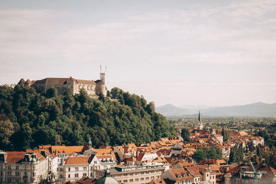 High angle shot of towns-cape against sky