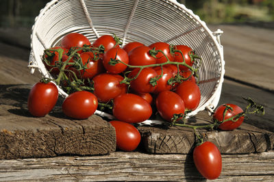 Close-up of tomatoes in basket on table