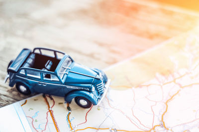 High angle view of toy car on table