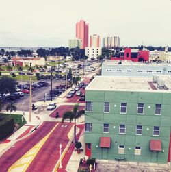 High angle view of houses against clear sky