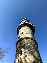 Low angle view of historic tower against clear blue sky