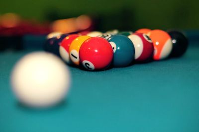 Close-up of snooker balls on table