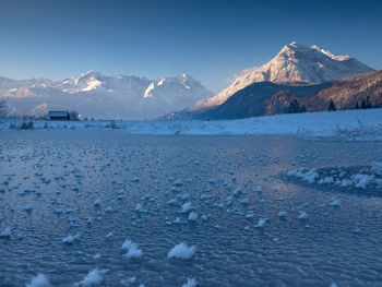 Scenic view of snowcapped mountains against sky