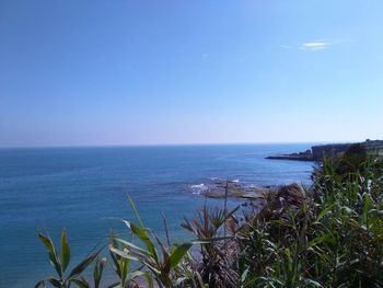 Scenic view of sea against clear blue sky