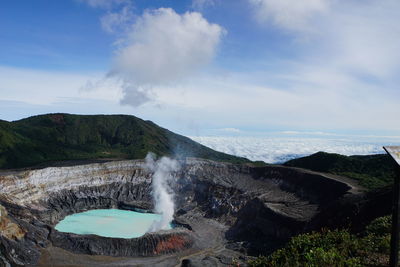 Scenic view of waterfall against sky
