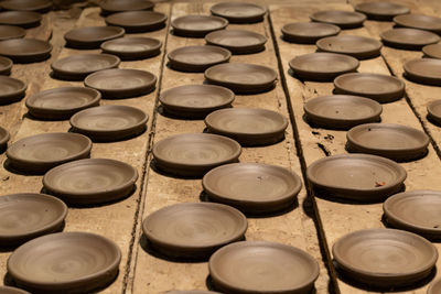 High angle view of clay plates on table