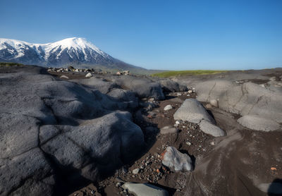 Scenic view of volcanic landscape against clear sky