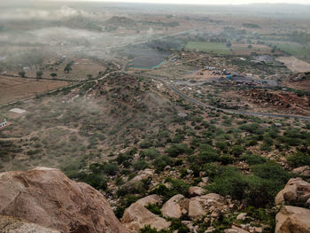 High angle view of land against sky
