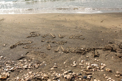 High angle view of text on beach