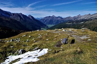 Scenic view of snowcapped mountains against sky