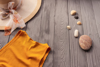 High angle view of hat on table