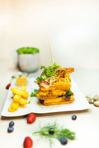 High angle view of meal served on table