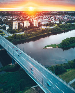 High angle view of buildings and trees against sky