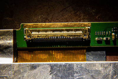 High angle view of old machine on table