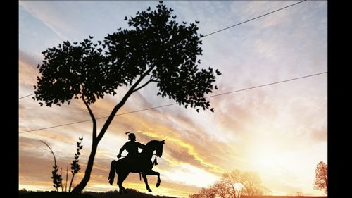 Silhouette people by plants against sky during sunset