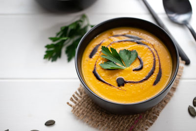 Close-up of soup in bowl on table