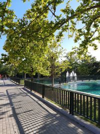 Footpath by railing in park against sky