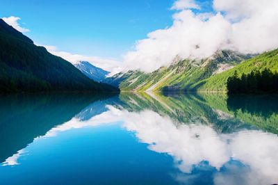 Scenic view of lake and mountains against sky