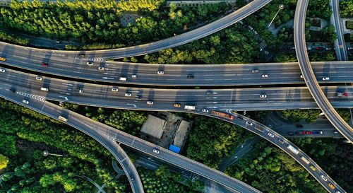 High angle view of bridge over road in city