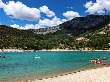 Scenic view of sea against blue sky