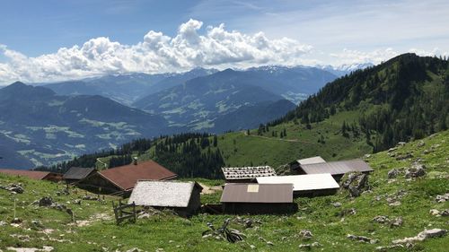 High angle view of mountain range against sky