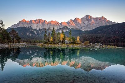 Scenic view of lake by mountains against sky