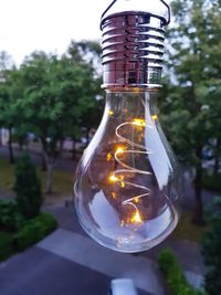 Close-up of light bulb against trees