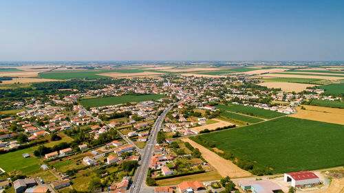 Aerial view of buildings against sky