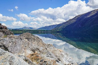 Panoramic view of lake and mountains against sky