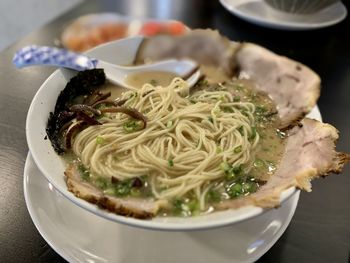 Close-up of noodles in bowl on table