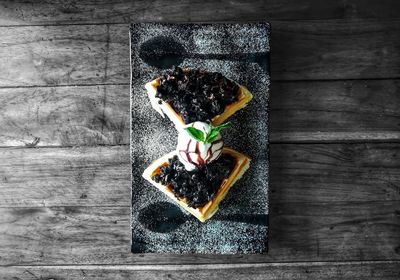 Directly above shot of dessert on slate