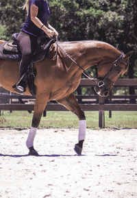 Low section of woman riding horse in pen