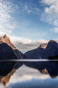 Scenic view of lake and mountains against sky