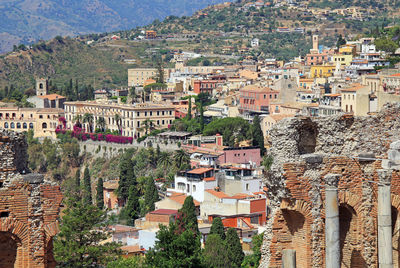 High angle view of buildings in city