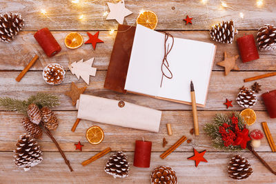 High angle view of christmas decorations on table