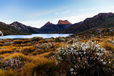 View of lake with mountain range in background