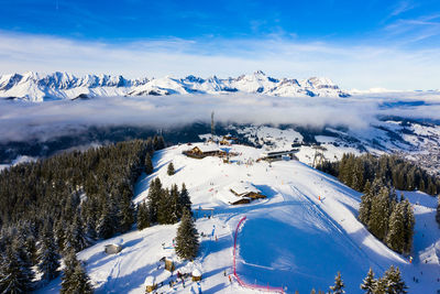 Aerial view of snowcapped mountains against sky